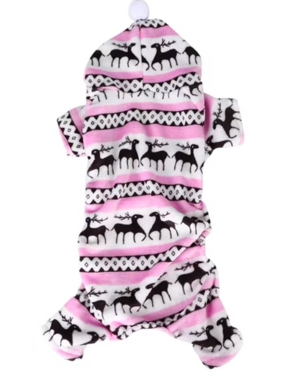 Pink Reindeer Dog Pajamas Fleece Winter Pet Onesie with Pom Pom Hood